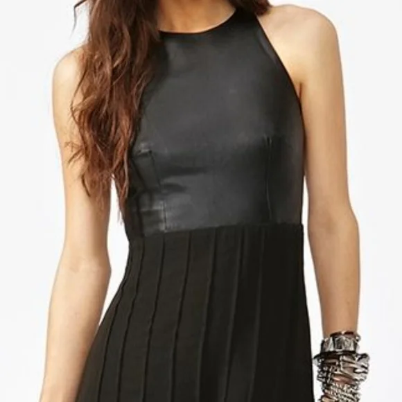 Shakuhachi Leather and Silk Chiffon Pleated Dress, Size 2